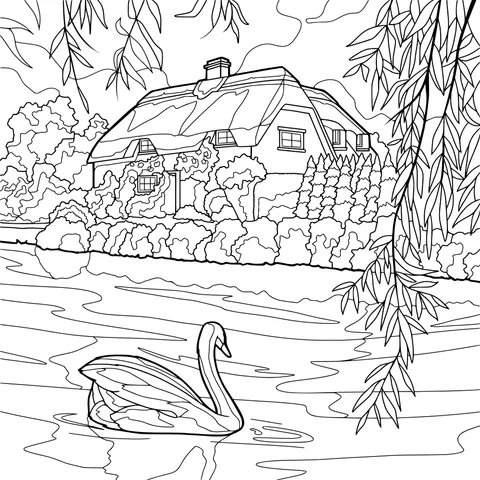 Cottage and Swan by the Lake