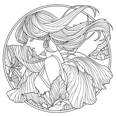 Woman with flowing long hair surrounded by flowers