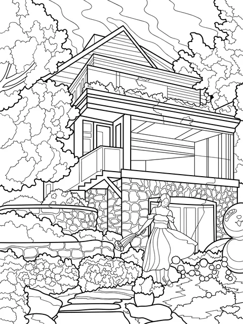Lady in the Garden and the Beautiful House