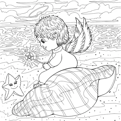 Little angel and star - fish on the beach
