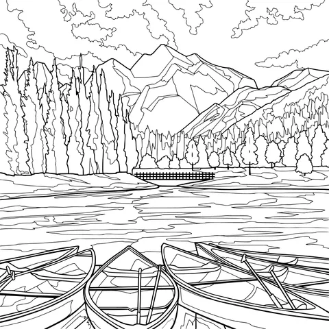 Colorful Canoes by the Lakeside and Mountain Scenery