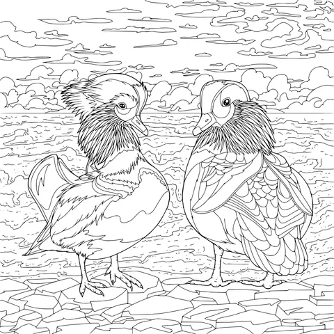 Mandarin Ducks by the Shore