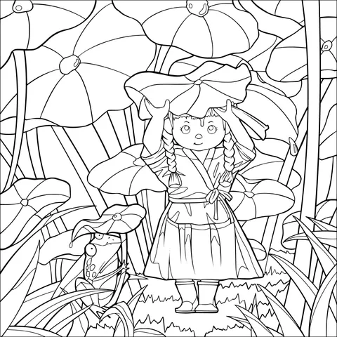Girl and Frog under the Lotus Leaf