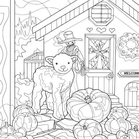 Sheep and Pumpkins in Front of a Farmhouse