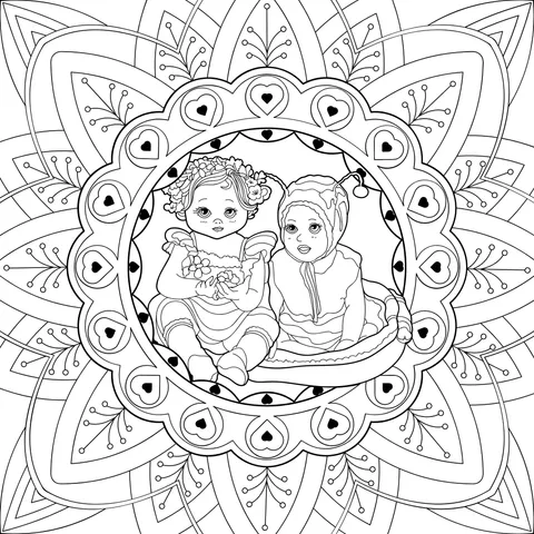 Two children in a mandala pattern