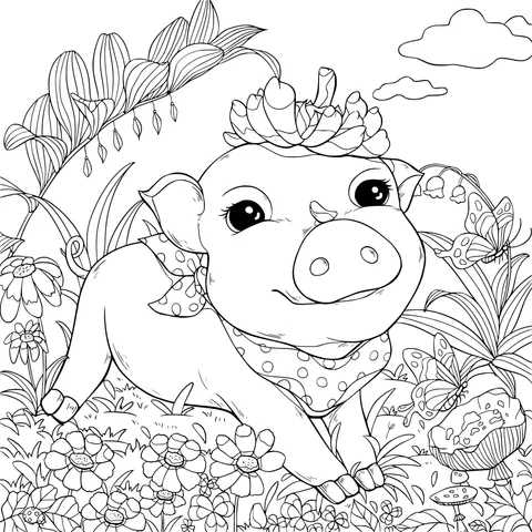 Happy Pig in the Flower - bed