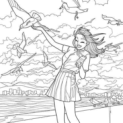 Girl feeding seagulls by the sea