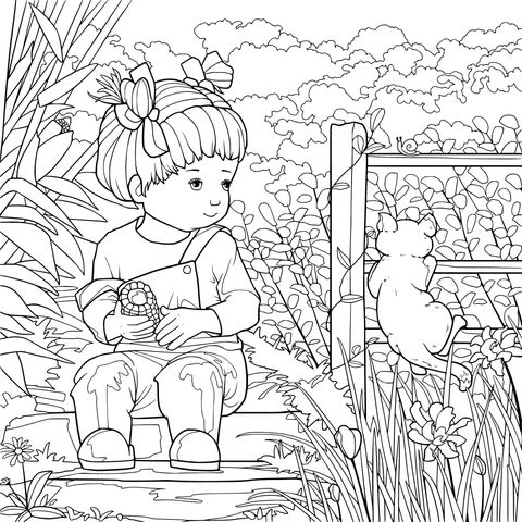 小女孩与小猫的花园时光