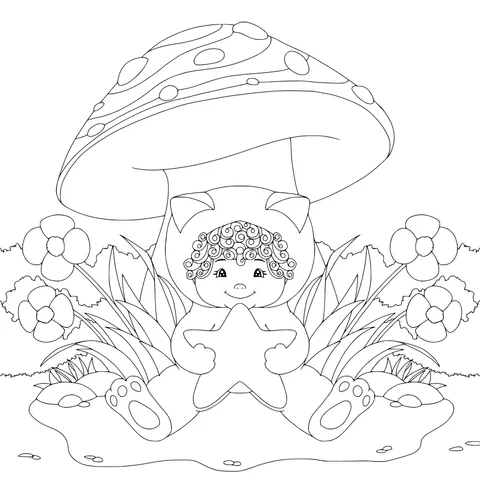 Child holding a star under a mushroom