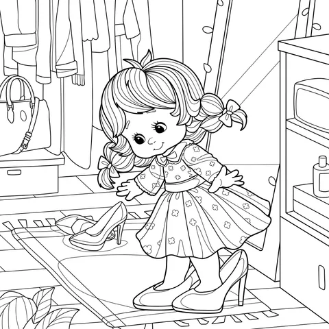 Little girl trying on high - heeled shoes