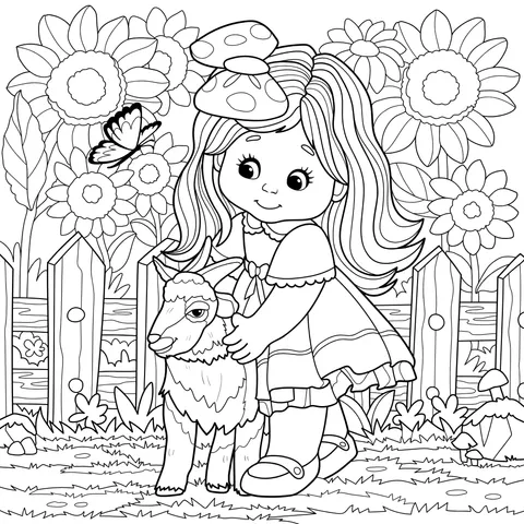 Girl and lamb in the flower - filled area
