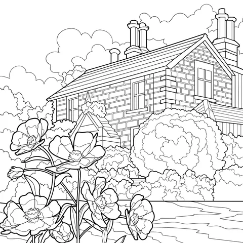 Rural Cottage Surrounded by Flowers