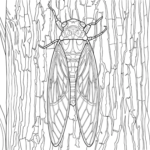 Colorful Cicada on Tree Trunk