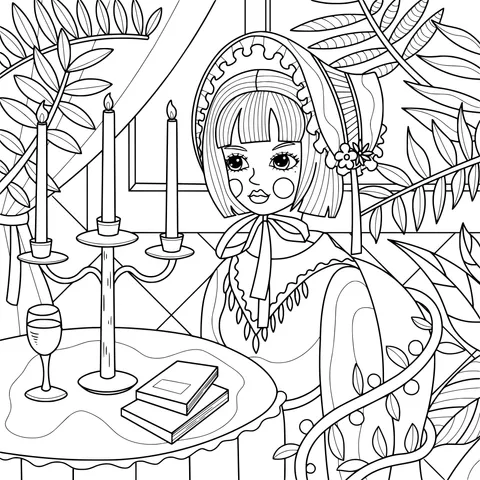 A lady in vintage attire at a table