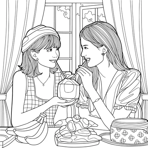 Two ladies sharing food and drinks