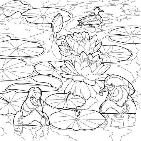 Mandarin Ducks and Water - lilies in the Pond