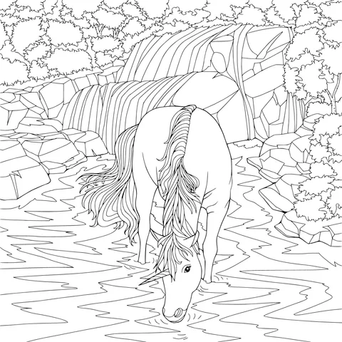Unicorn drinking water beside the waterfall