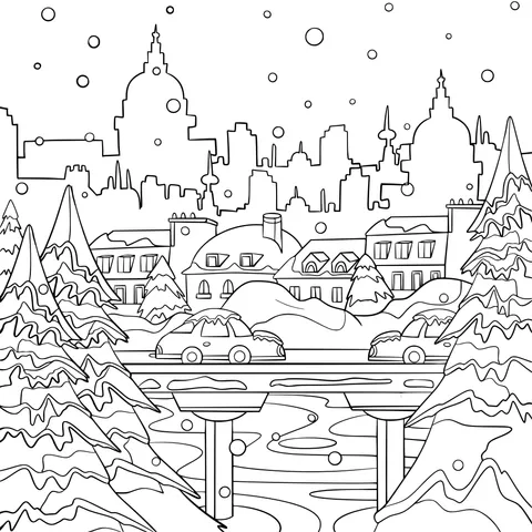 Snow - covered City at Night in Winter