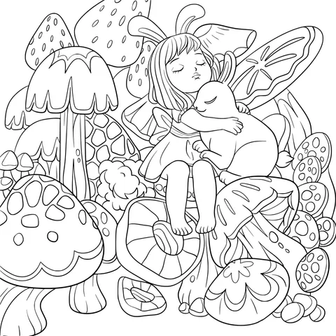 Girl and White Rabbit Hugging in a Fantasy Mushroom Forest
