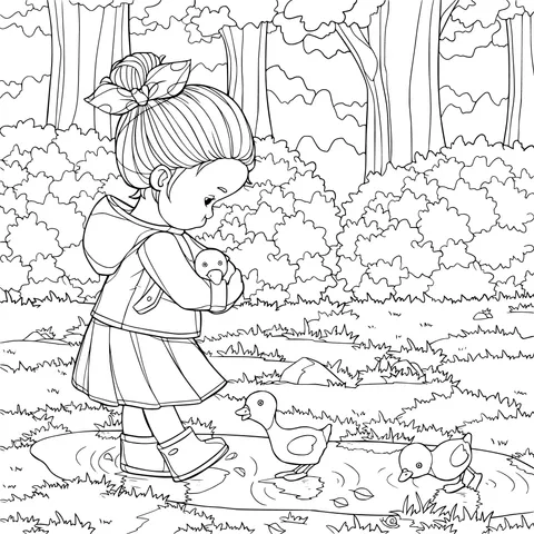 Girl and ducklings in the forest