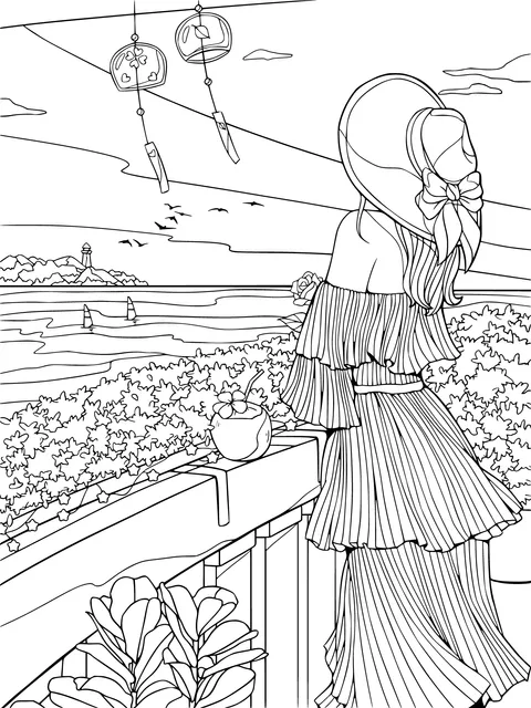 Woman in purple gazing at the sea view