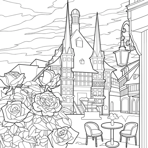 European - style Town Scenery with Roses