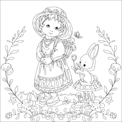 A Girl and a Rabbit in Spring Scene