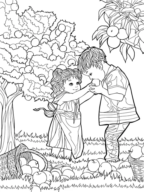 Children picking apples in the orchard