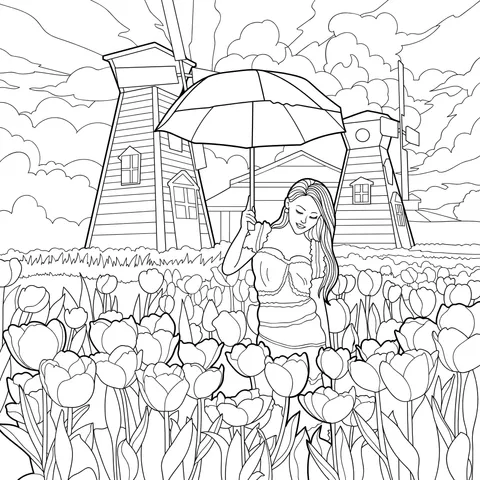 Woman with Umbrella in Tulip Field