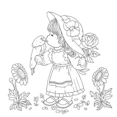 Little Girl with Parrot and Flowers