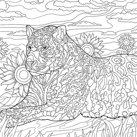 Jaguar Resting beside Sunflowers