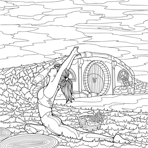 Woman doing yoga in pastoral scenery