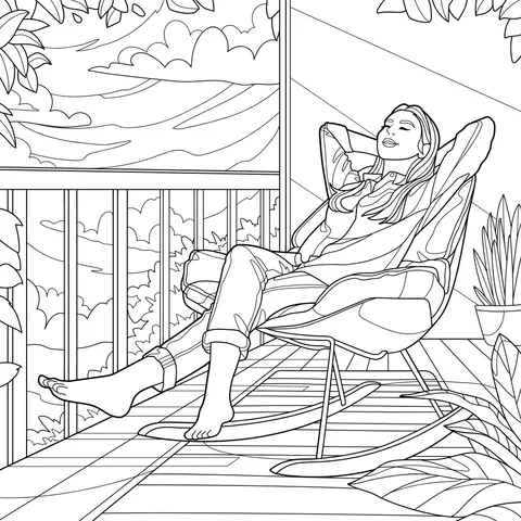 A woman relaxing comfortably on the balcony