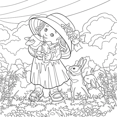 人形を抱く女の子とウサギ