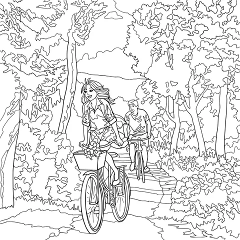 Two people cycling in the forest
