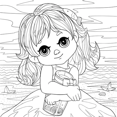 Girl Holding a Jar by the Seaside