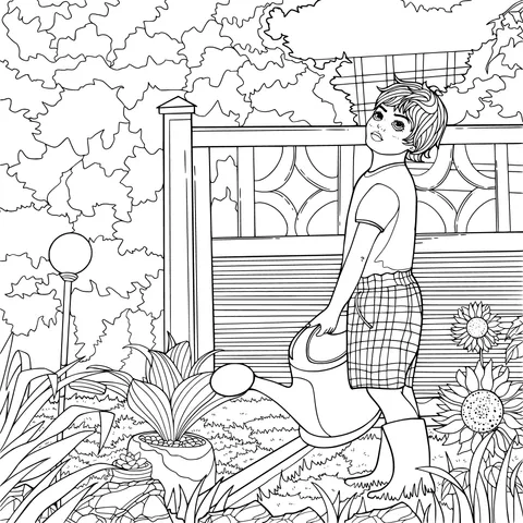 Child watering flowers in the garden
