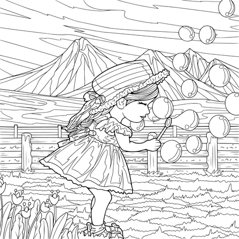 Little girl blowing bubbles in the field