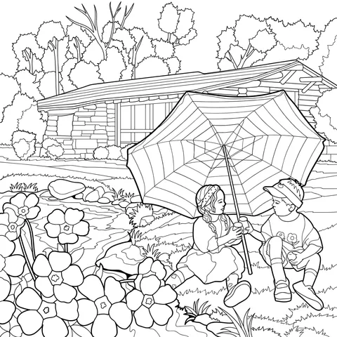 Children's outdoor time under the umbrella