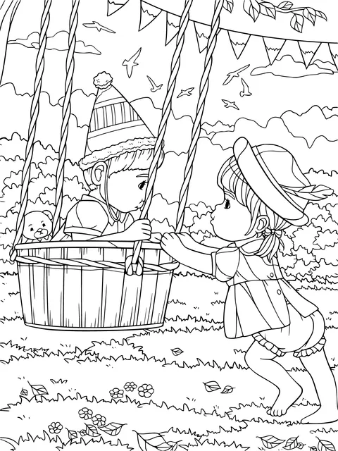 Girl pushing a boy on a swing