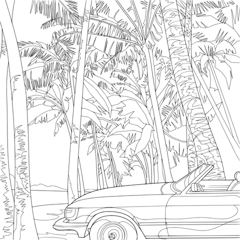 Red Convertible in a Seaside Palm Grove