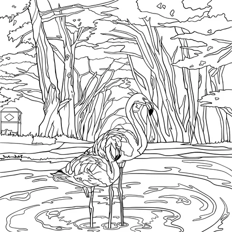 Flamingos by the Forest Lake