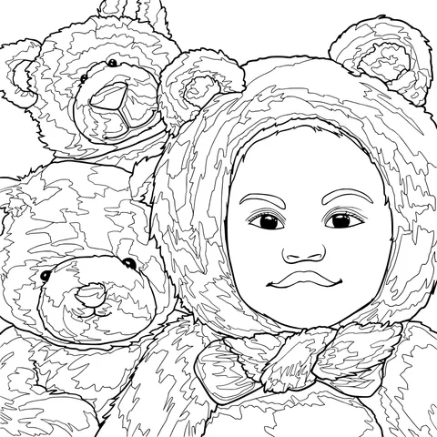 Child in bear costume with teddy bears