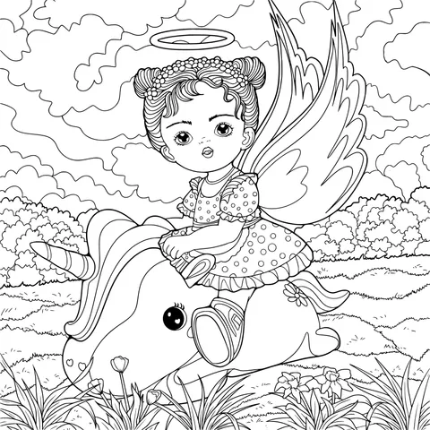 Little angel riding a unicorn