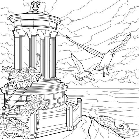 Flower - laden Pavilion by the Seashore with Flying Birds