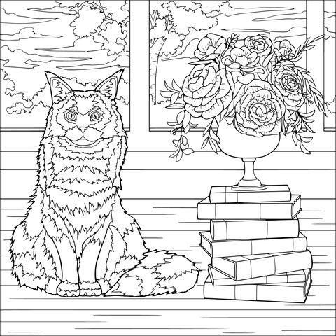 Gato, libros y flores