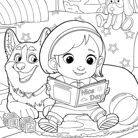 A girl reading a book with a puppy