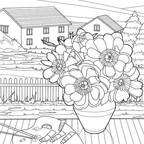 Colorful flowers in a vase beside an outdoor easel
