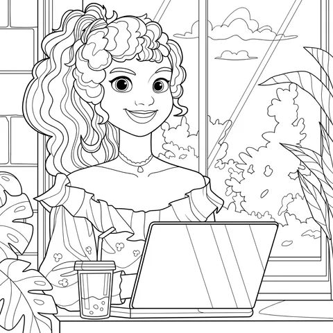 Lady using a laptop by the window