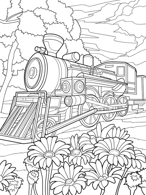 Colorful Train beside Flower - bed